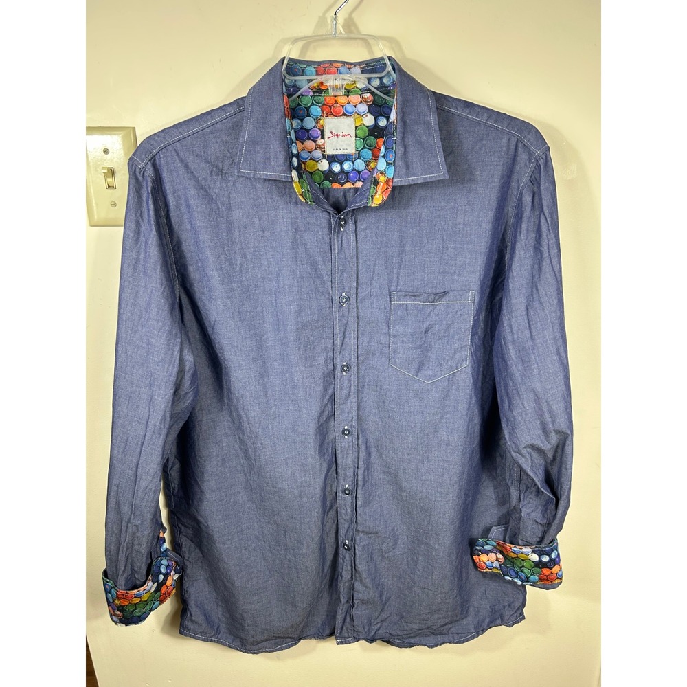 Signum Button Down Shirt Mens L Blue Bubble Contrast Cuff Modern Fit Chambray